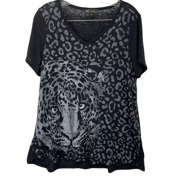 Embellished Burnout Black Leopard Print Knit Top by Dian Gilman - Sz L - Picture 1 of 10